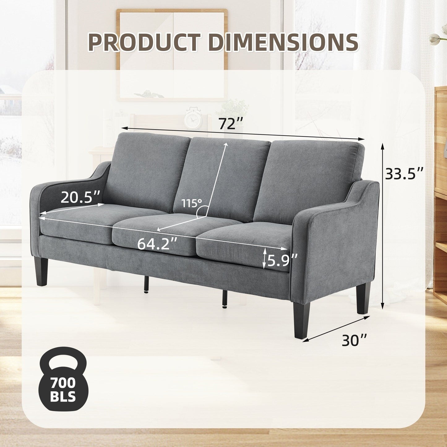 EROMMY Modern 3-Seater Fabric Sofa Couch, Ergonomic Living Room Couch with Washable Cushions and Solid Wood Legs, Gray or Beige