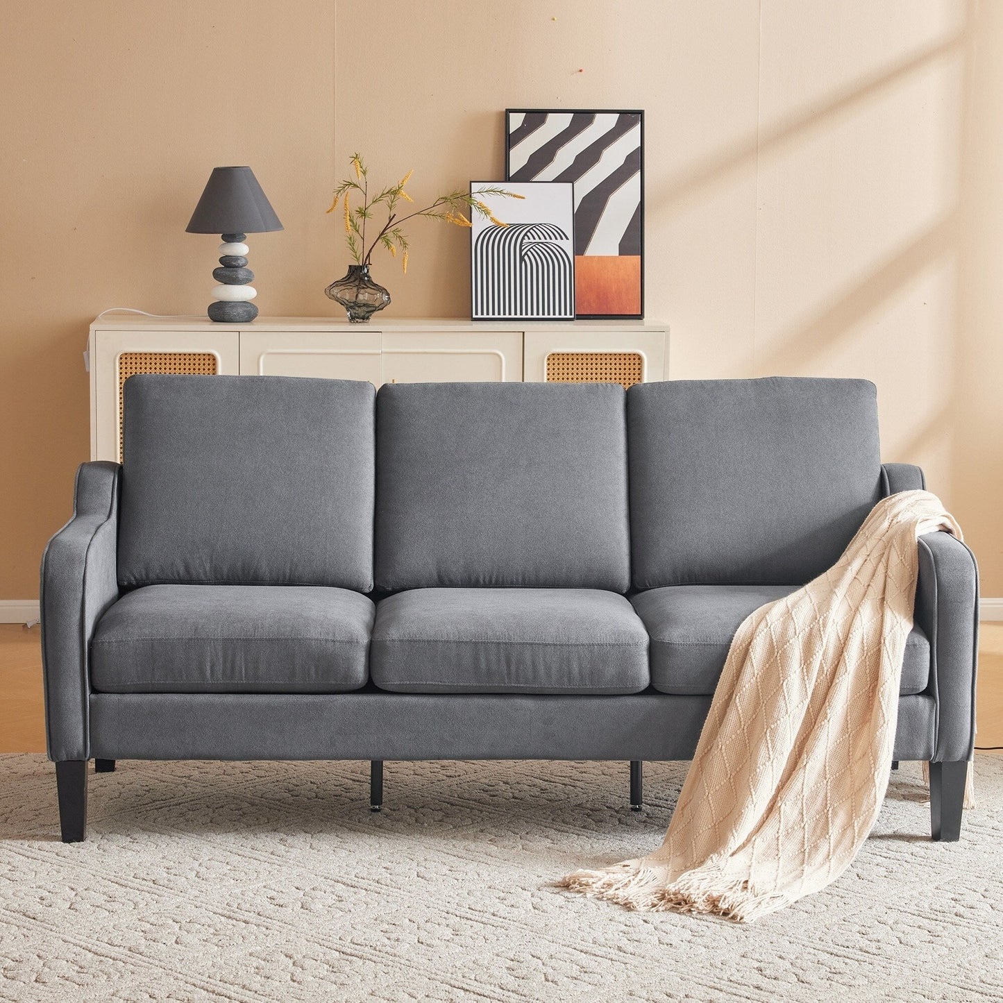 EROMMY Modern 3-Seater Fabric Sofa Couch, Ergonomic Living Room Couch with Washable Cushions and Solid Wood Legs, Gray or Beige