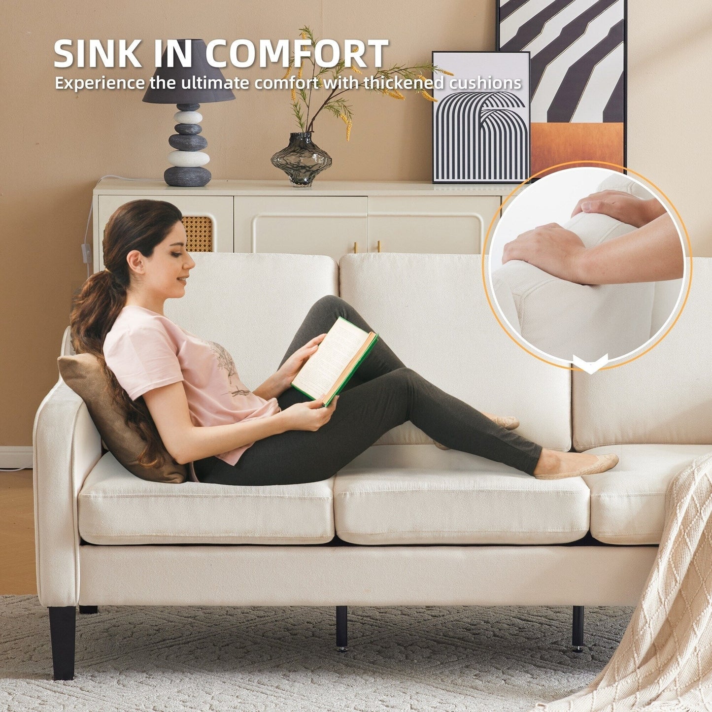EROMMY Modern 3-Seater Fabric Sofa Couch, Ergonomic Living Room Couch with Washable Cushions and Solid Wood Legs, Gray or Beige