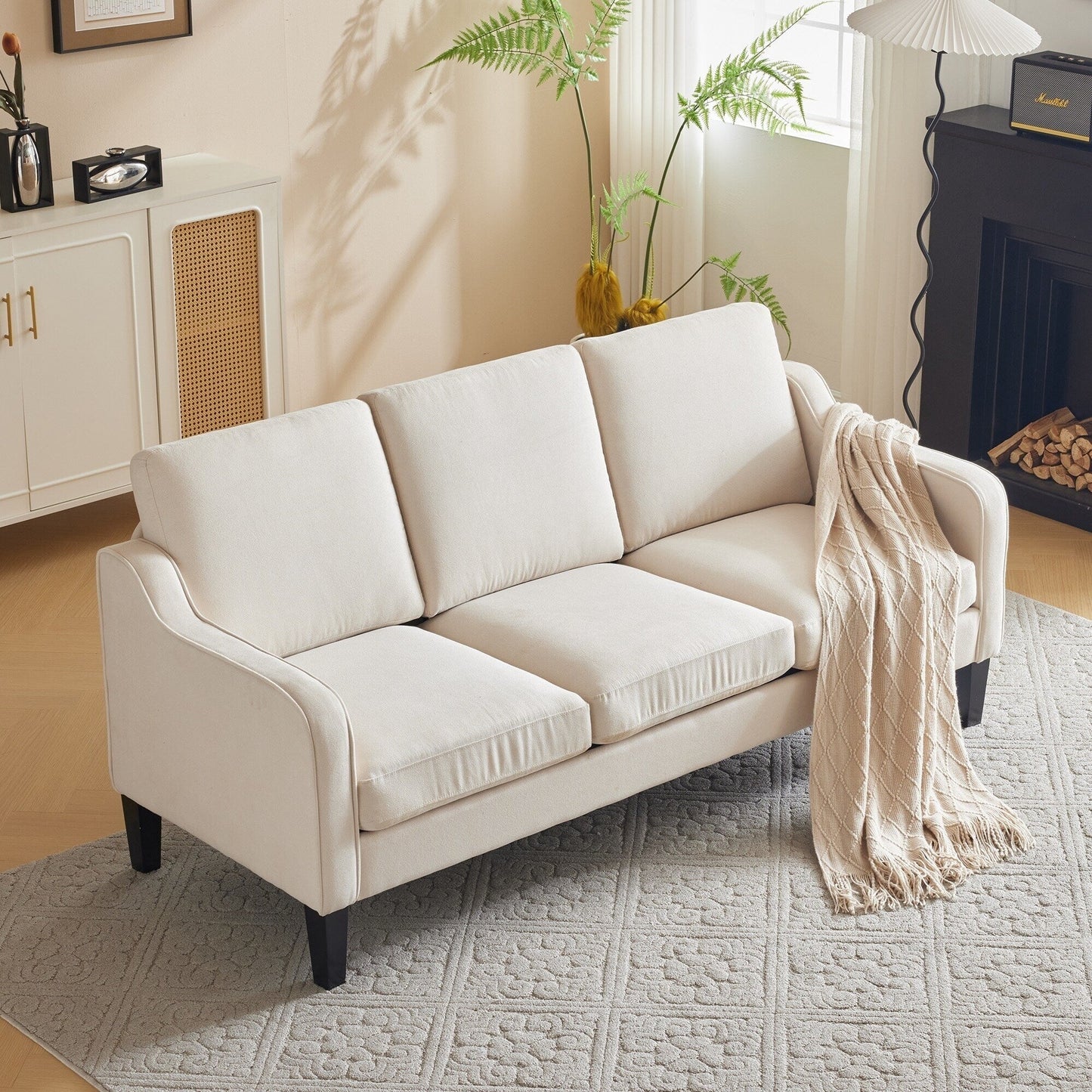EROMMY Modern 3-Seater Fabric Sofa Couch, Ergonomic Living Room Couch with Washable Cushions and Solid Wood Legs, Gray or Beige