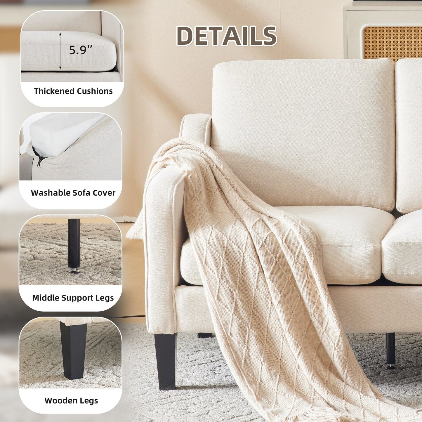 EROMMY Modern 3-Seater Fabric Sofa Couch, Ergonomic Living Room Couch with Washable Cushions and Solid Wood Legs, Gray or Beige