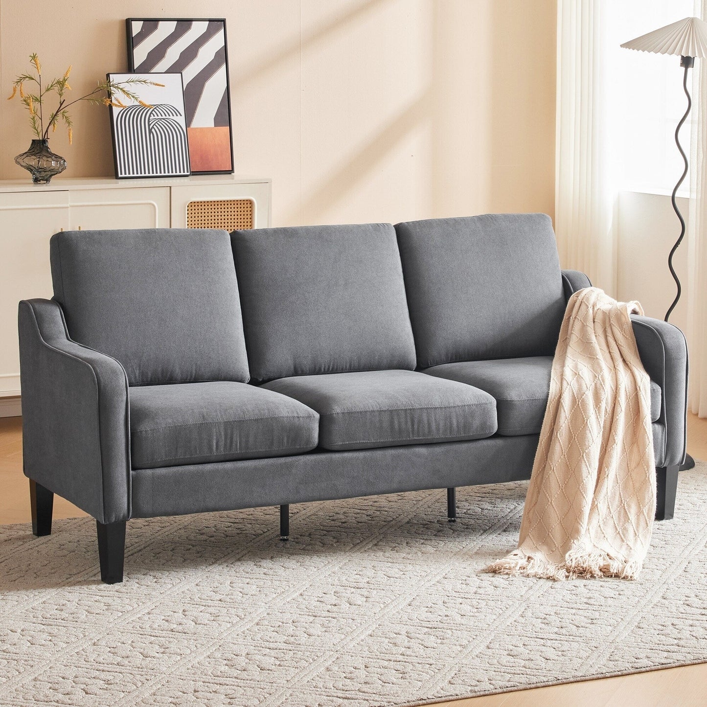 EROMMY Modern 3-Seater Fabric Sofa Couch, Ergonomic Living Room Couch with Washable Cushions and Solid Wood Legs, Gray or Beige