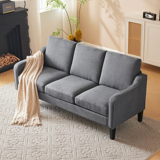 EROMMY Modern 3-Seater Fabric Sofa Couch, Ergonomic Living Room Couch with Washable Cushions and Solid Wood Legs, Gray or Beige