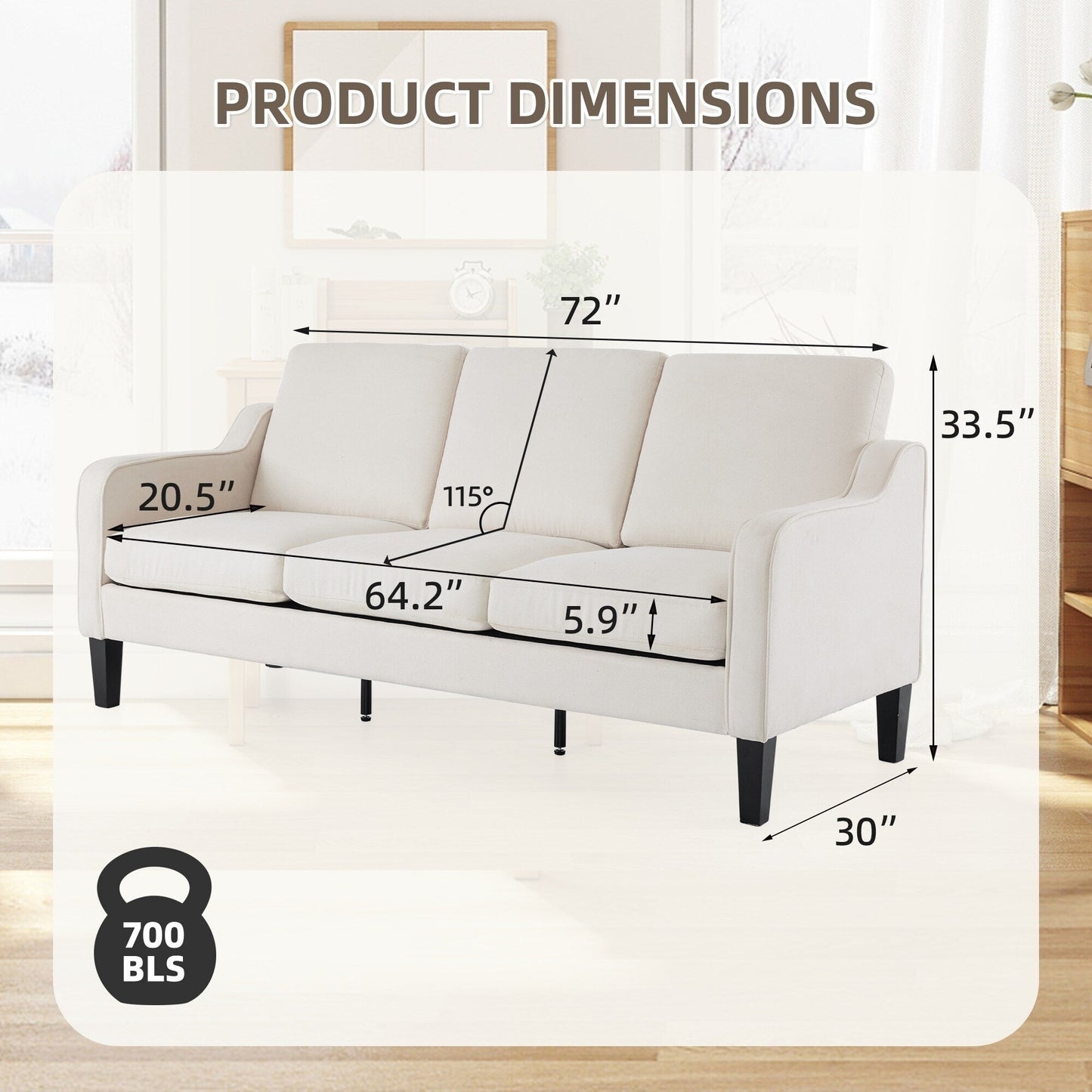 EROMMY Modern 3-Seater Fabric Sofa Couch, Ergonomic Living Room Couch with Washable Cushions and Solid Wood Legs, Gray or Beige