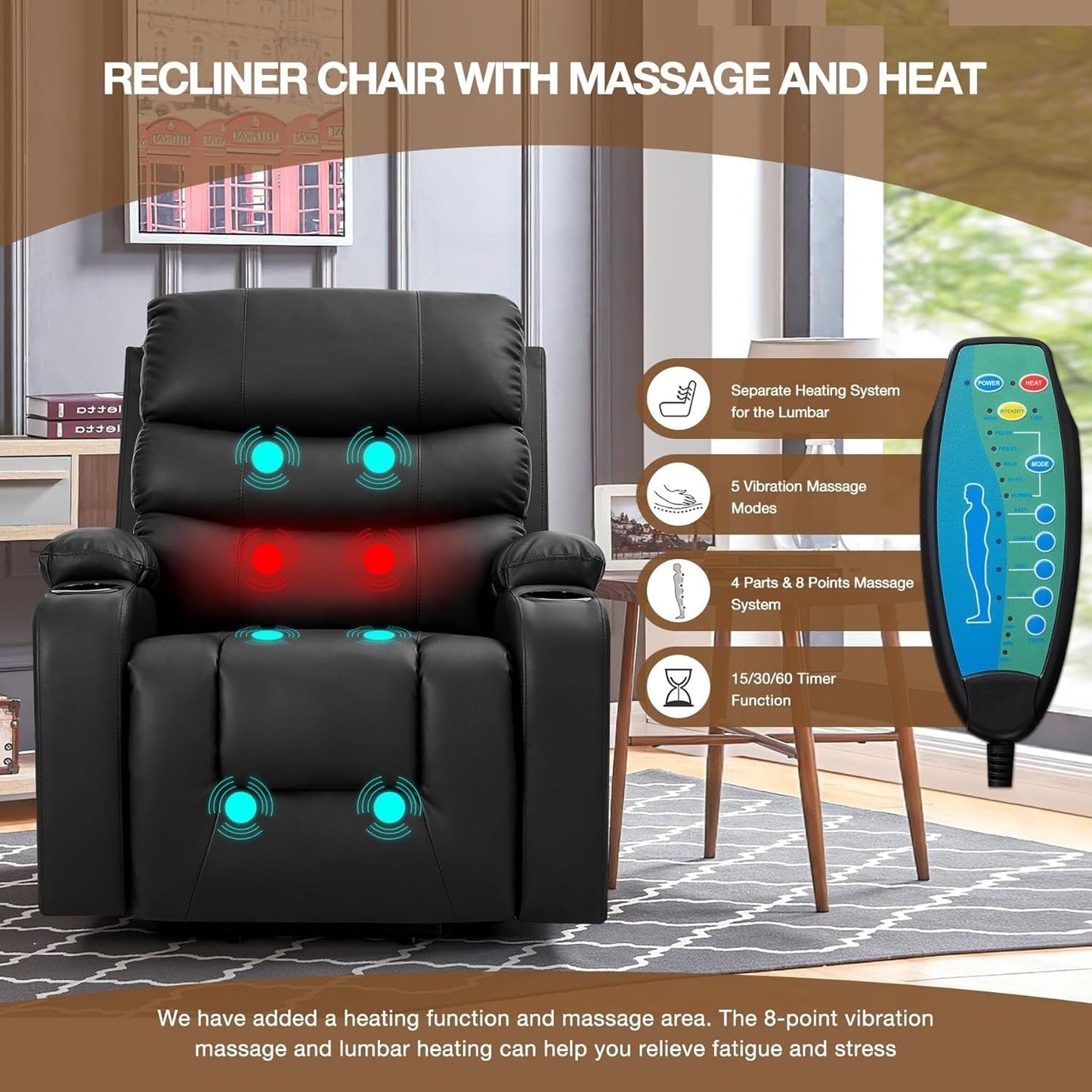 EROMMY Oversized Power Lift Recliner with Massage  Heat – PU Leather Chair with Pockets, Cup Holders  USB Port