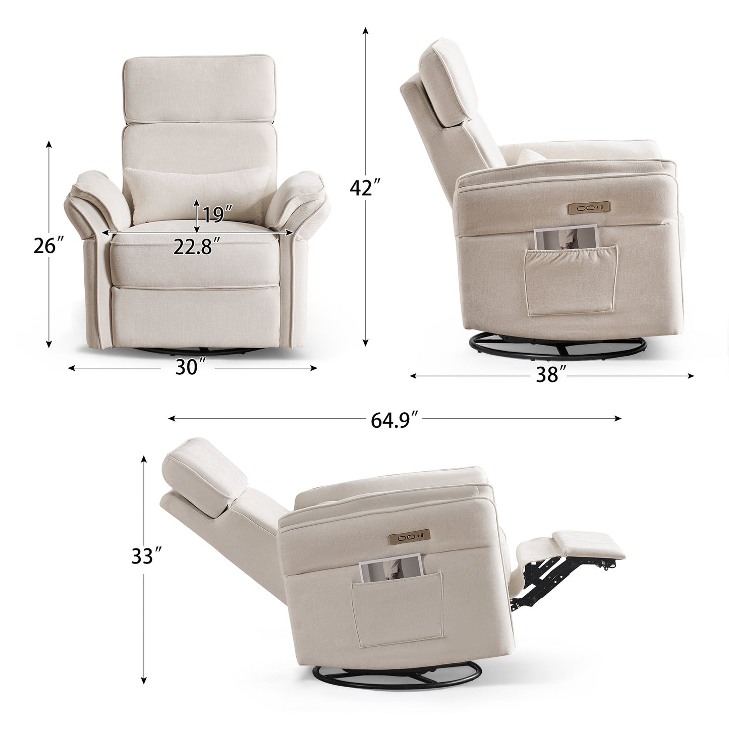 EROMMY Power Swivel Rocker Recliner Chair with Adjustable Headrest and Armrests, USB & Type-C Charging, Nursery Glider Recliner