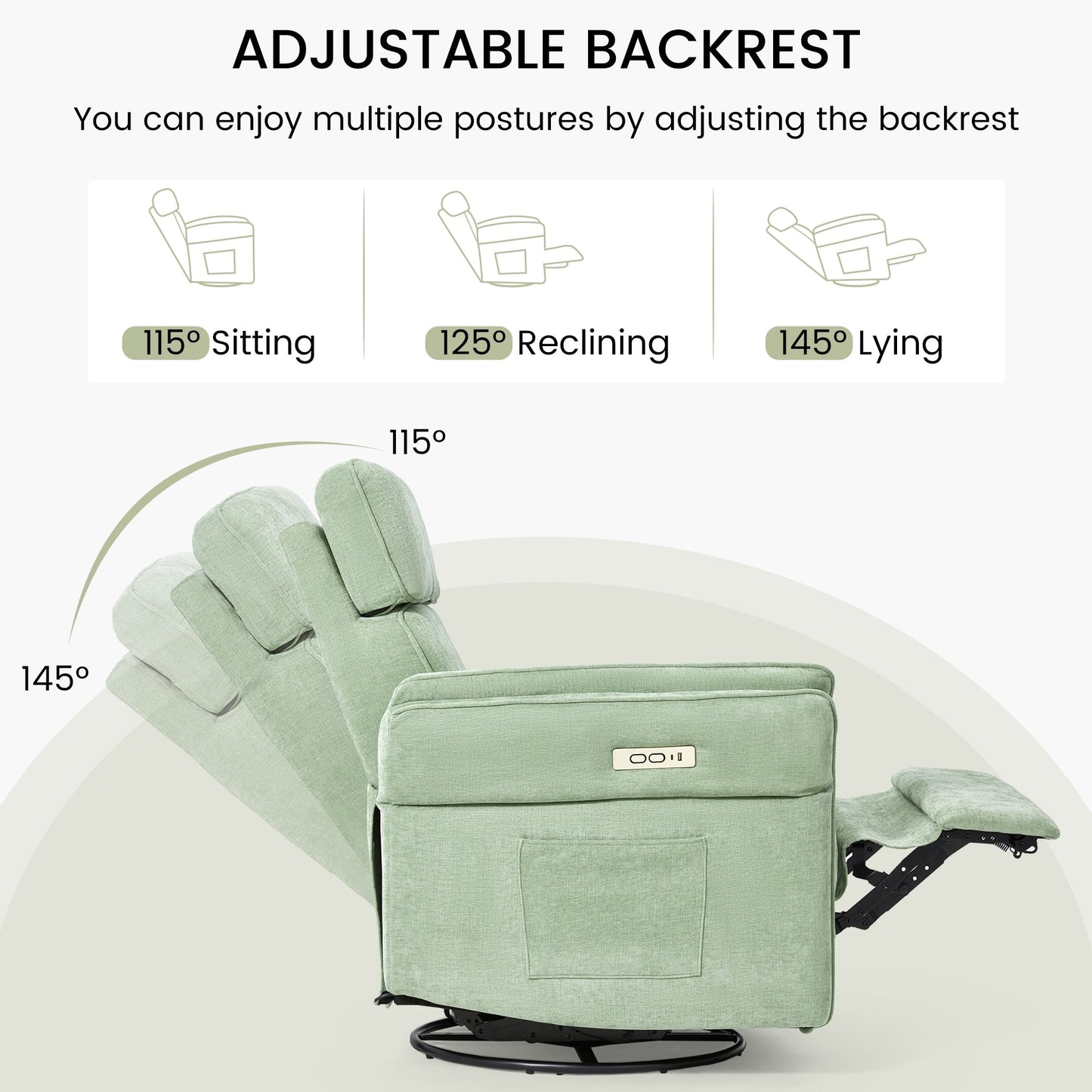 EROMMY Power Swivel Rocker Recliner Chair with Adjustable Headrest and Armrests, USB & Type-C Charging, Nursery Glider Recliner