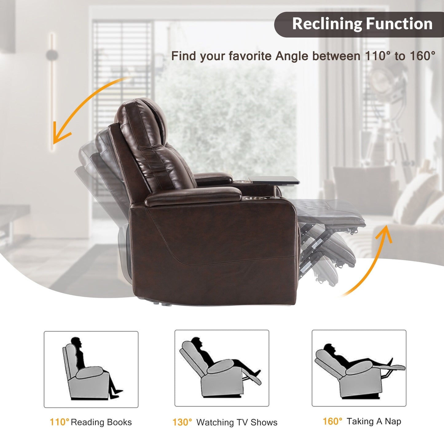 Electric Power Recliner with USB Charging, 360° Swivel Tray, Dual Cup Holders and Arm Storage