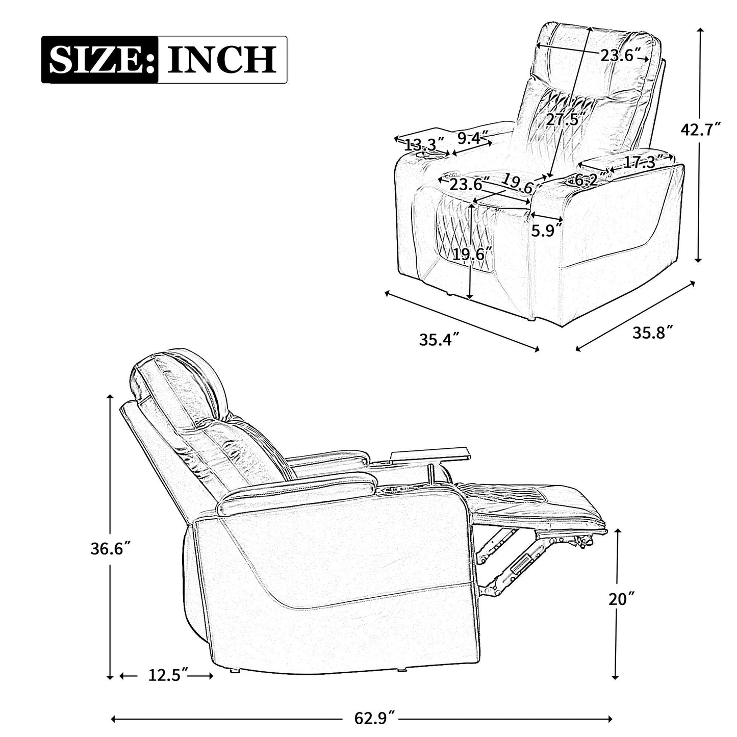 Electric Power Recliner with USB Charging, 360° Swivel Tray, Dual Cup Holders and Arm Storage