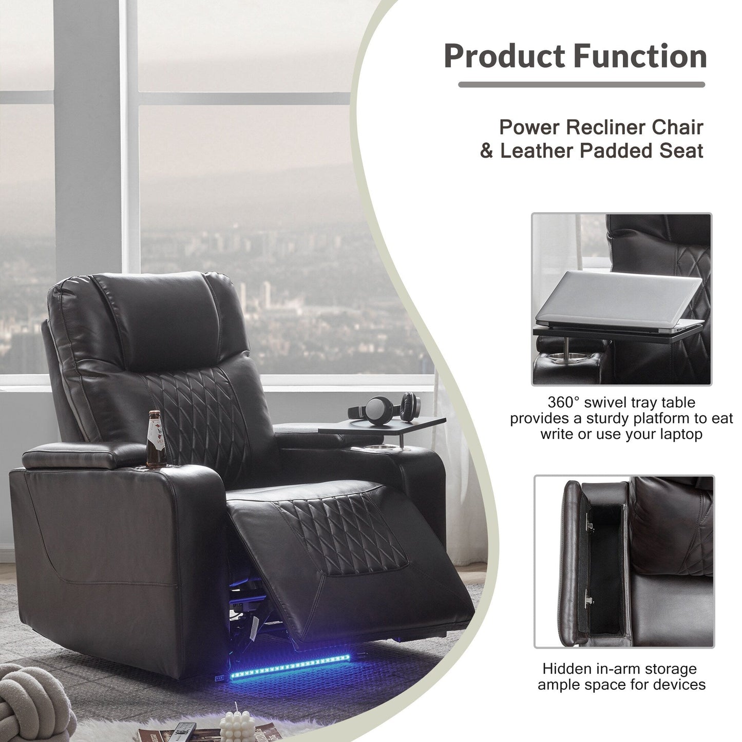 Electric Power Recliner with USB, Swivel Tray & Arm Storage