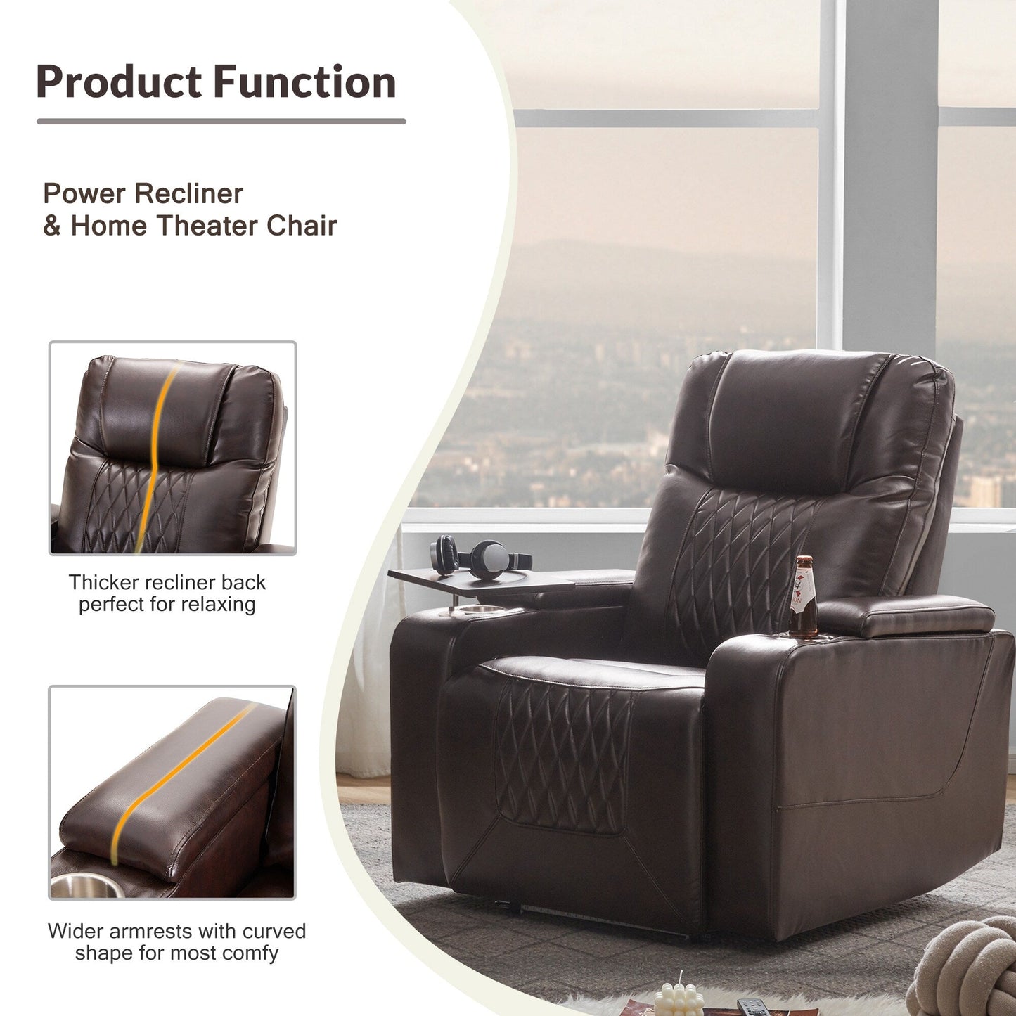 Electric Power Recliner with USB, Swivel Tray & Arm Storage