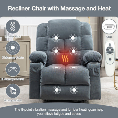 Electric Recliner Chair with 139° Adjustable Recline, 8-Point Massage & Lumbar Heat, Okin Motor, USB Charging, and Side Storage