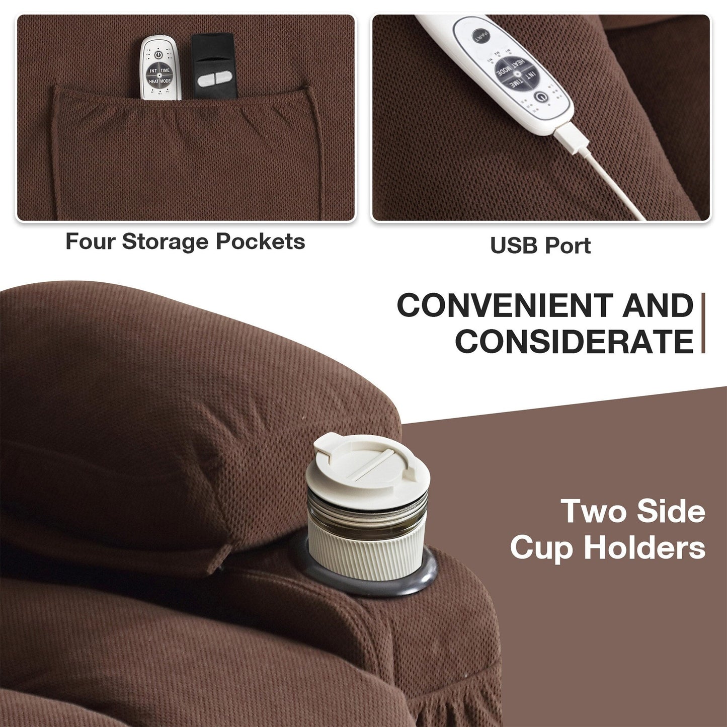 Electric Recliner Chair with Massage and Heat, USB Port, Cup Holders and Side Pockets, Adjustable Vibration Modes and Heating