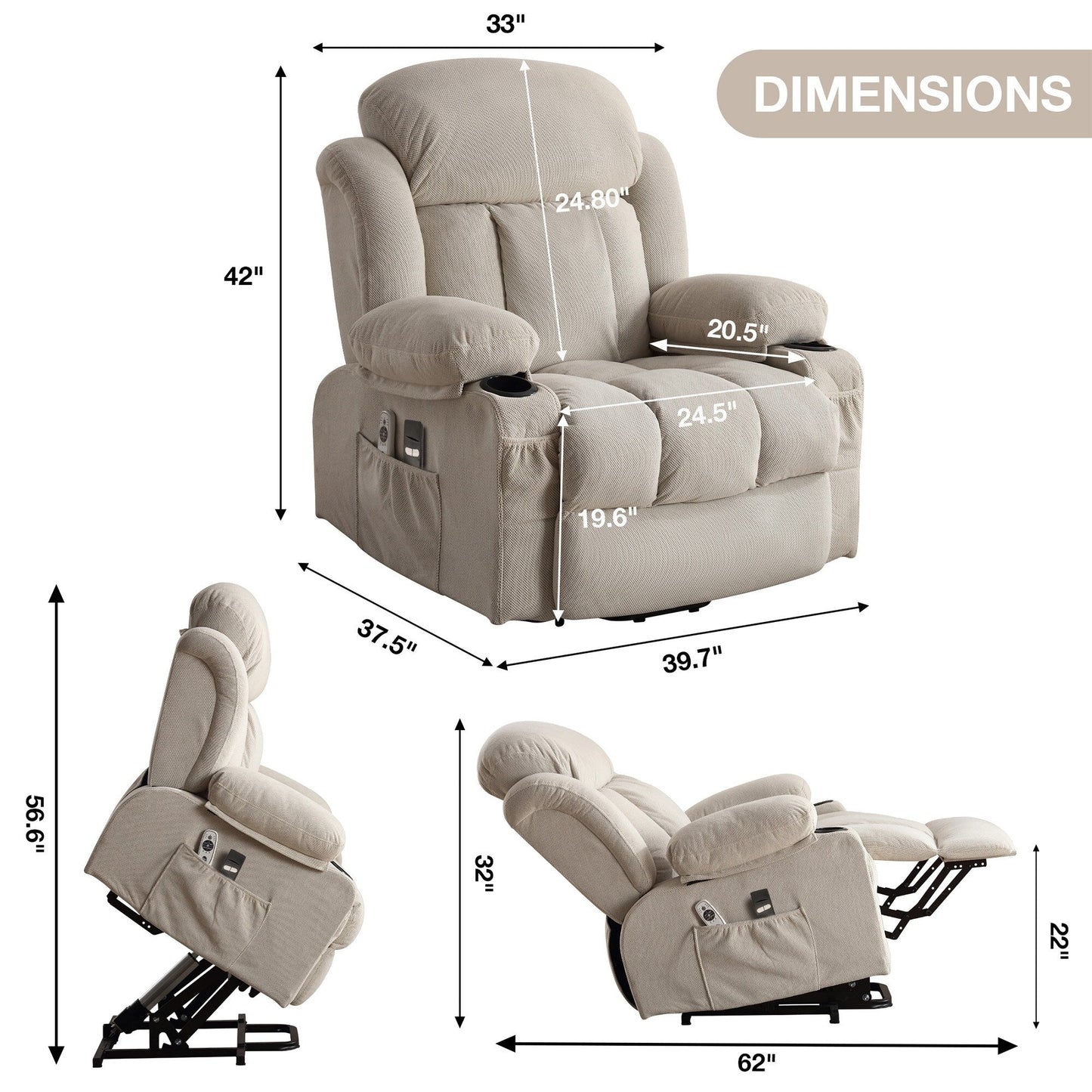Electric Recliner Chair with Massage and Heat, USB Port, Cup Holders and Side Pockets, Adjustable Vibration Modes and Heating