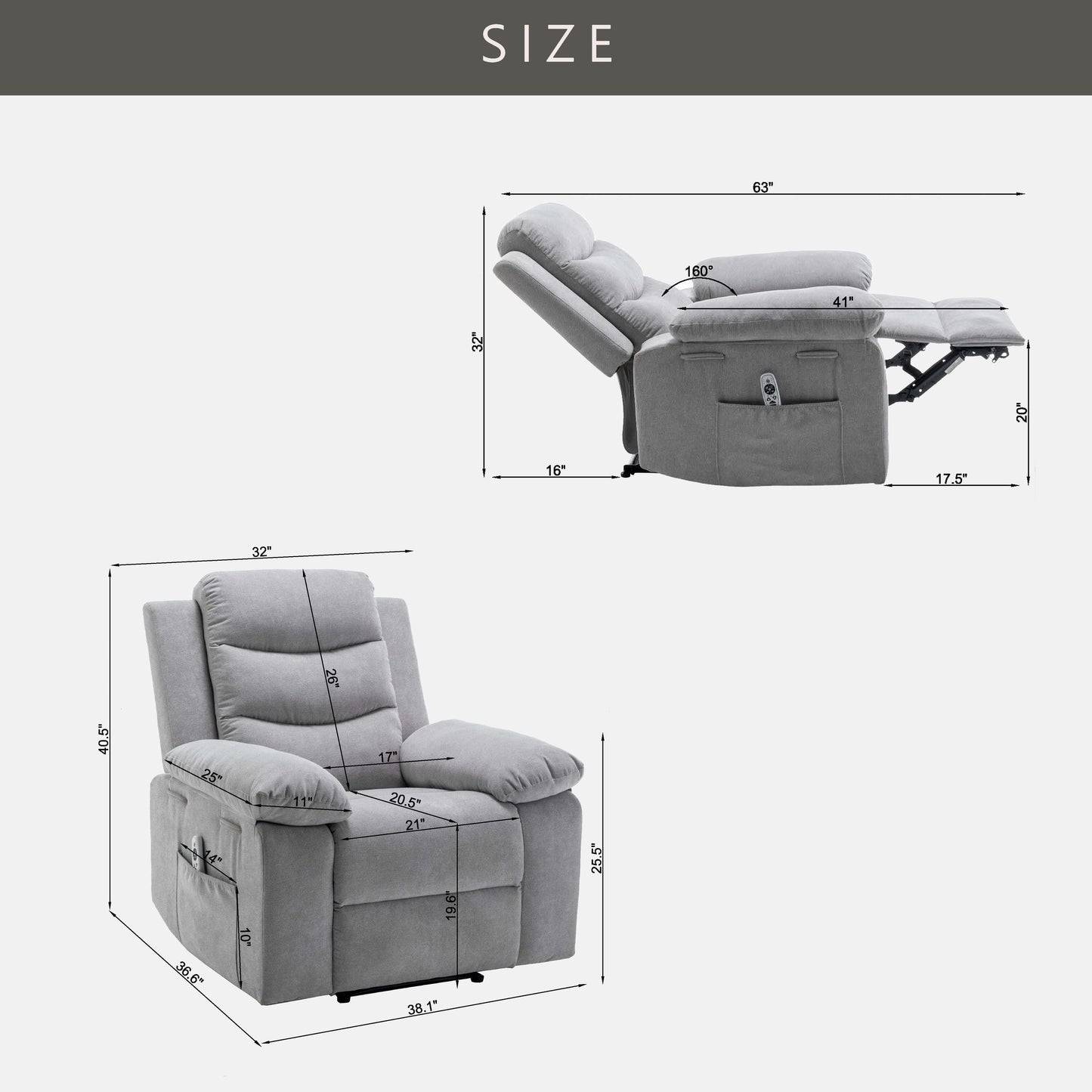 Electric Recliner with Massage, Lumbar Heating, Side Pocket and Steel Frame Support