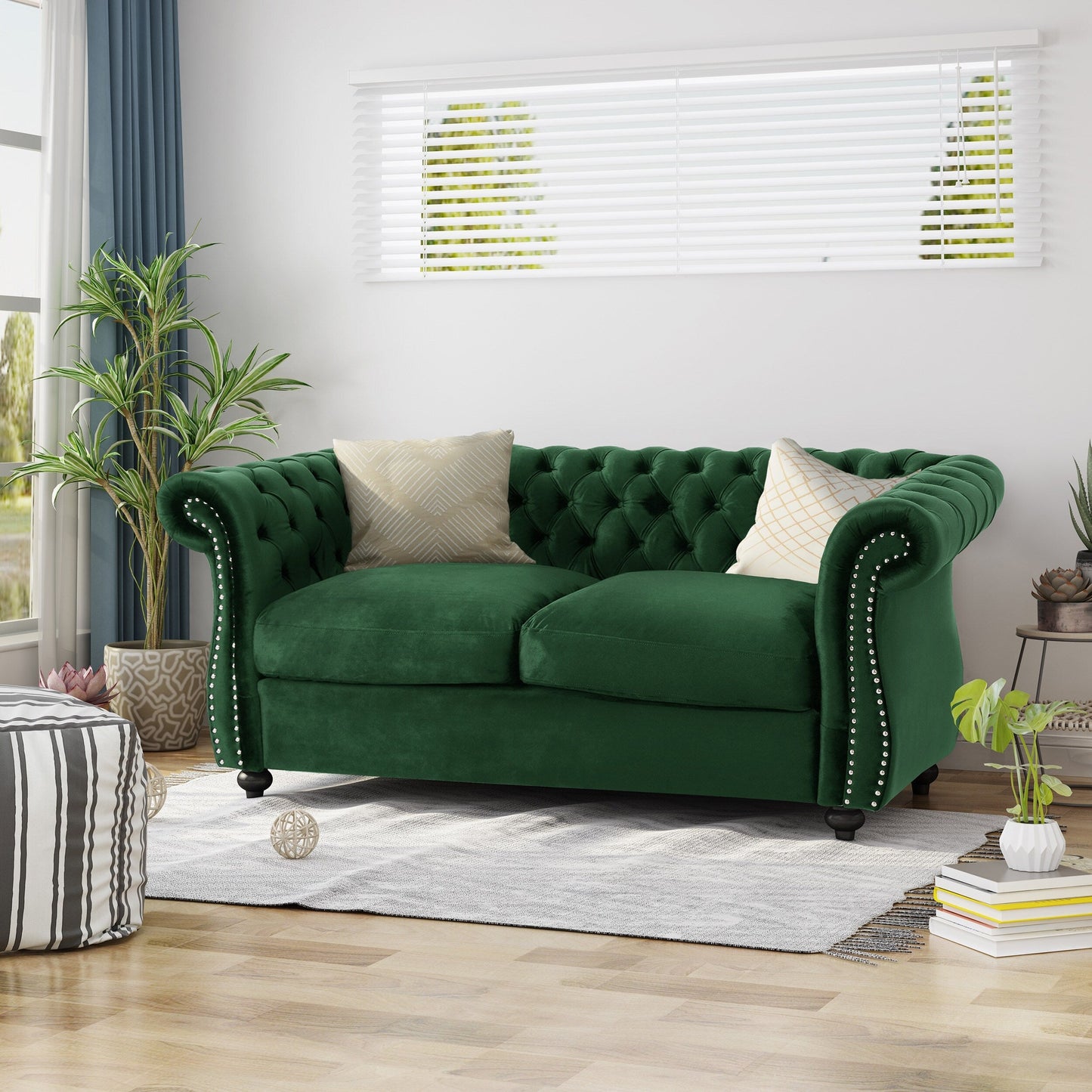 Emerald Chesterfield 61.75 Button Tufted Upholstered Loveseat Sofa with Nailheads and Wood Legs for Living Room