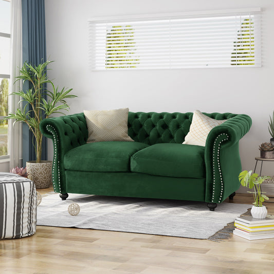 Emerald Chesterfield 61.75 Button Tufted Upholstered Loveseat Sofa with Nailheads and Wood Legs for Living Room