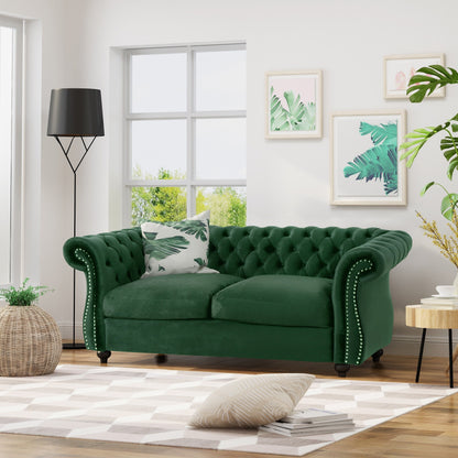 Emerald Chesterfield 61.75 Button Tufted Upholstered Loveseat Sofa with Nailheads and Wood Legs for Living Room