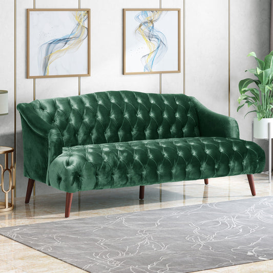 Emerald Modern 73.25 Button Tufted 3-seater Sofa with Birch Wood Legs for Living Room
