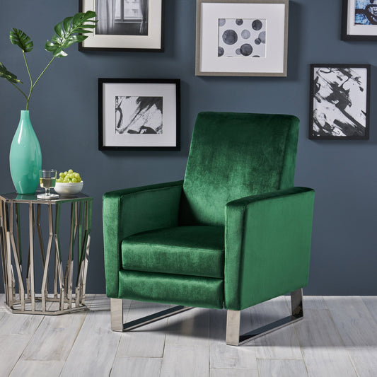 Emerald Modern Velvet Upholstered Push-Back Recliner with Footrest and Stainless Steel Legs