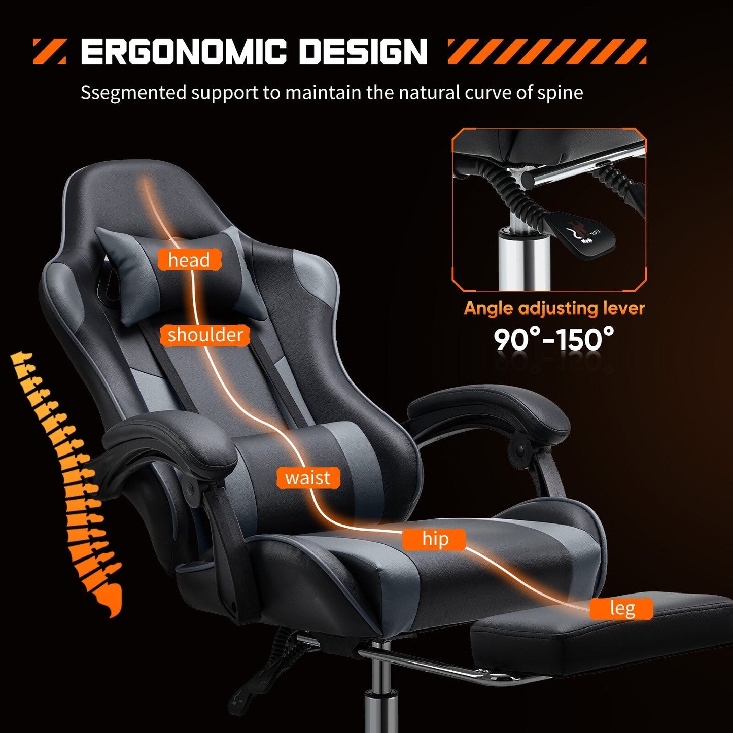 Ergonomic PU Leather 360Â° Swivel Gaming Recliner with Footrest, Headrest, Lumbar Support, Adjustable Height