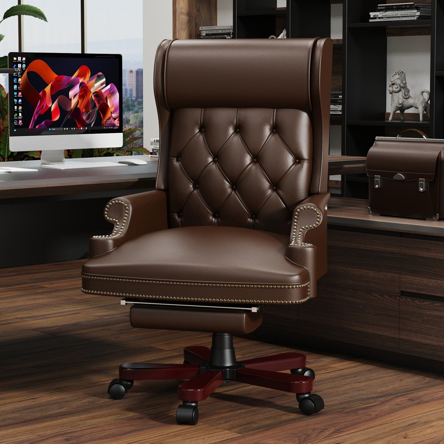 Ergonomic PU Leather Swivel Office Recliner with Footrest, Button-tufted Backrest, Nailhead Decoration