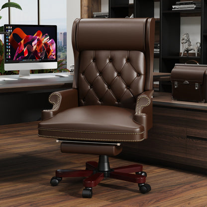 Ergonomic PU Leather Swivel Office Recliner with Footrest, Button-tufted Backrest, Nailhead Decoration
