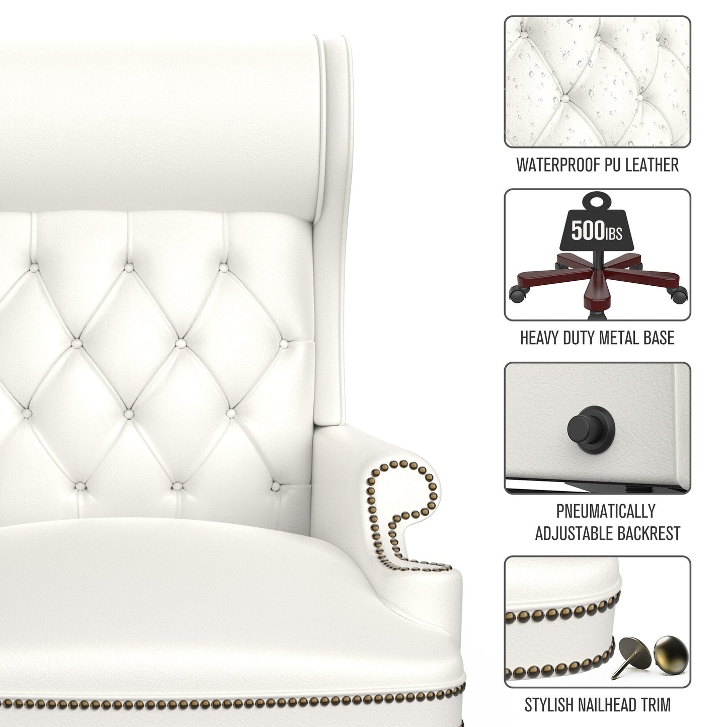 Ergonomic PU Leather Swivel Office Recliner with Footrest, Button-tufted Backrest, Nailhead Decoration