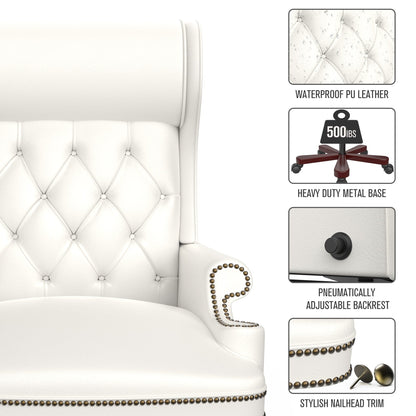 Ergonomic PU Leather Swivel Office Recliner with Footrest, Button-tufted Backrest, Nailhead Decoration