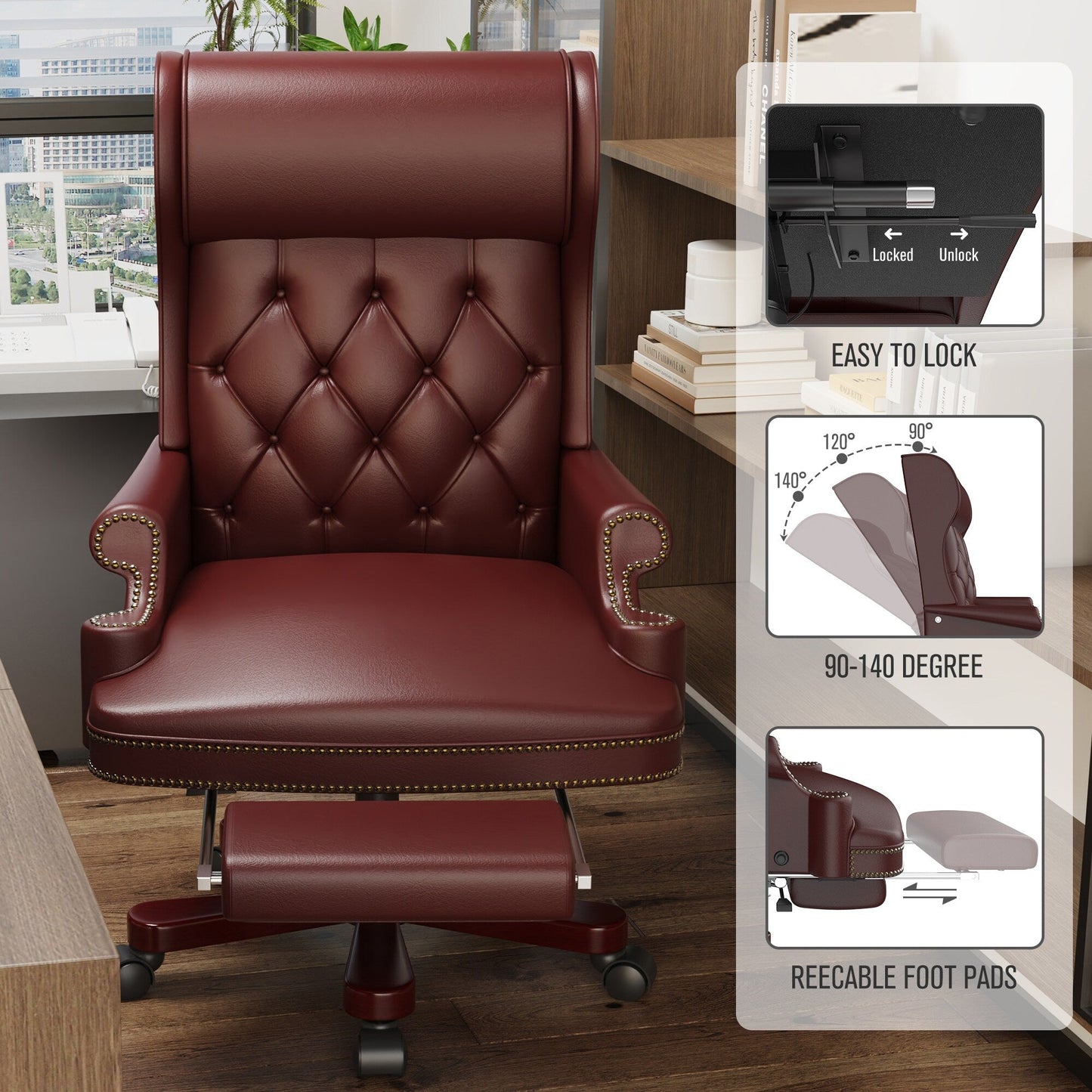 Ergonomic PU Leather Swivel Office Recliner with Footrest, Button-tufted Backrest, Nailhead Decoration