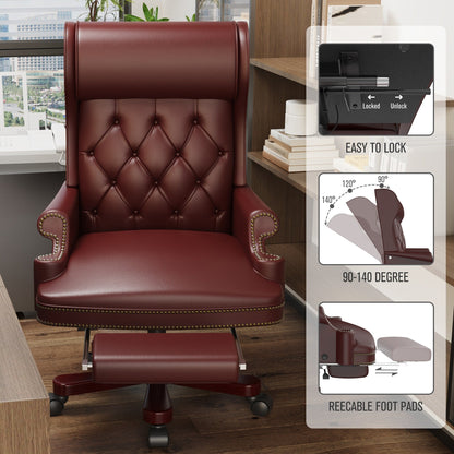 Ergonomic PU Leather Swivel Office Recliner with Footrest, Button-tufted Backrest, Nailhead Decoration