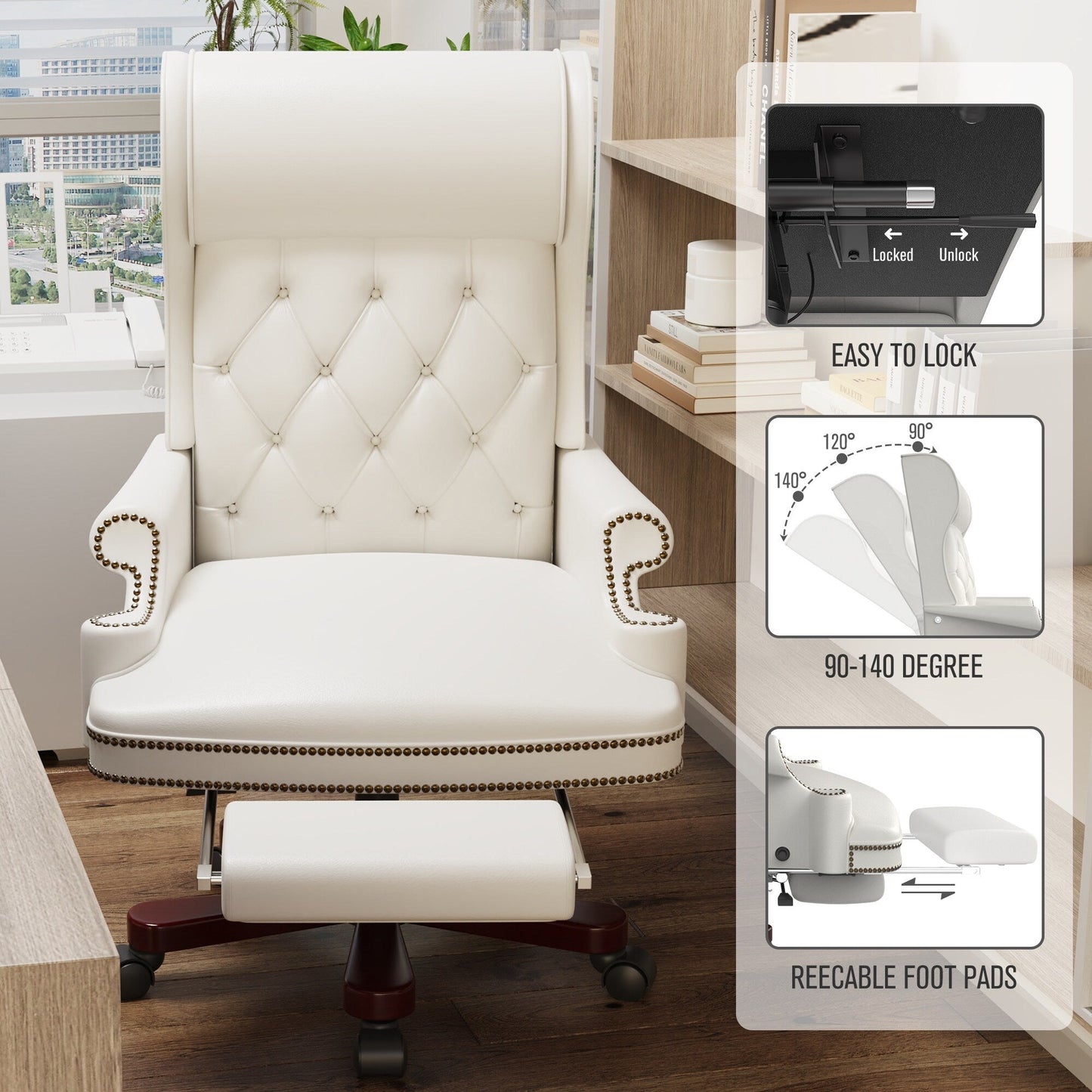 Ergonomic PU Leather Swivel Office Recliner with Footrest, Button-tufted Backrest, Nailhead Decoration