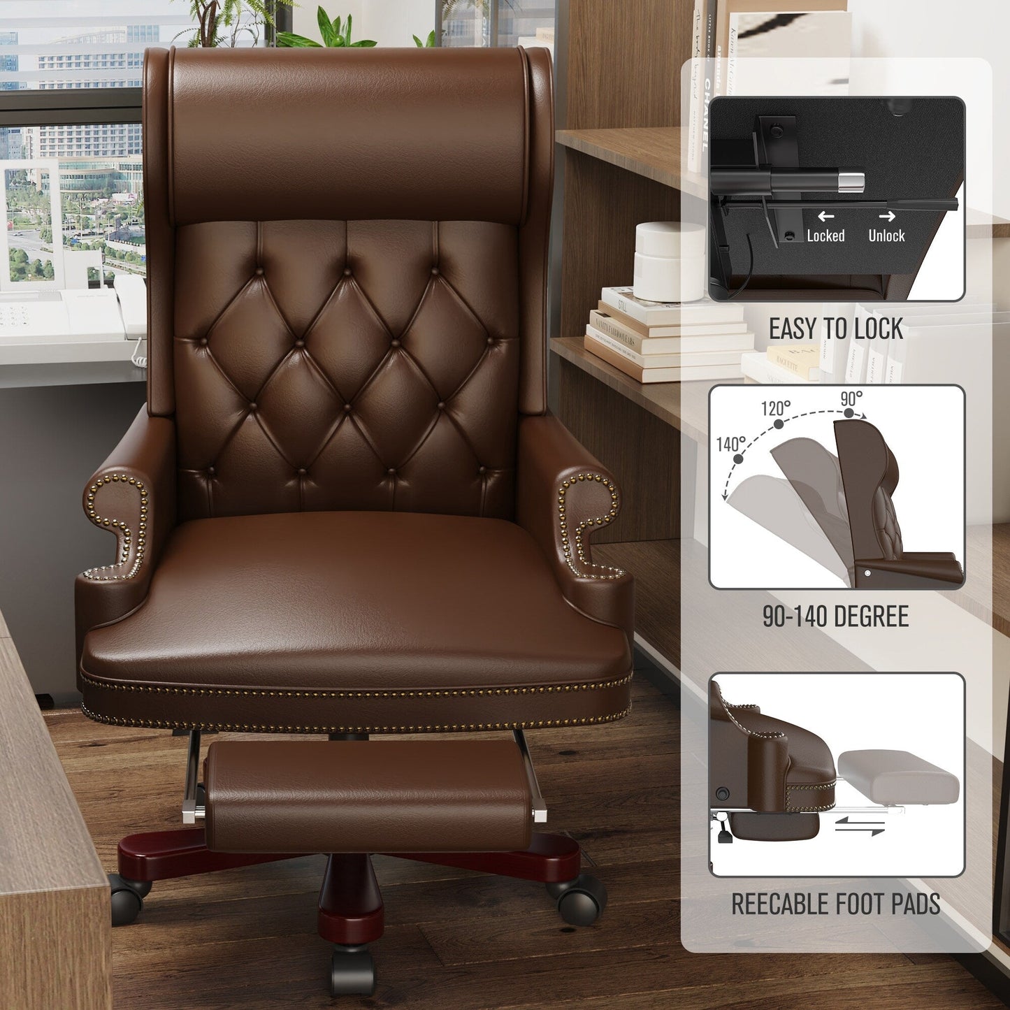 Ergonomic PU Leather Swivel Office Recliner with Footrest, Button-tufted Backrest, Nailhead Decoration