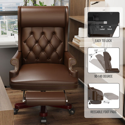Ergonomic PU Leather Swivel Office Recliner with Footrest, Button-tufted Backrest, Nailhead Decoration