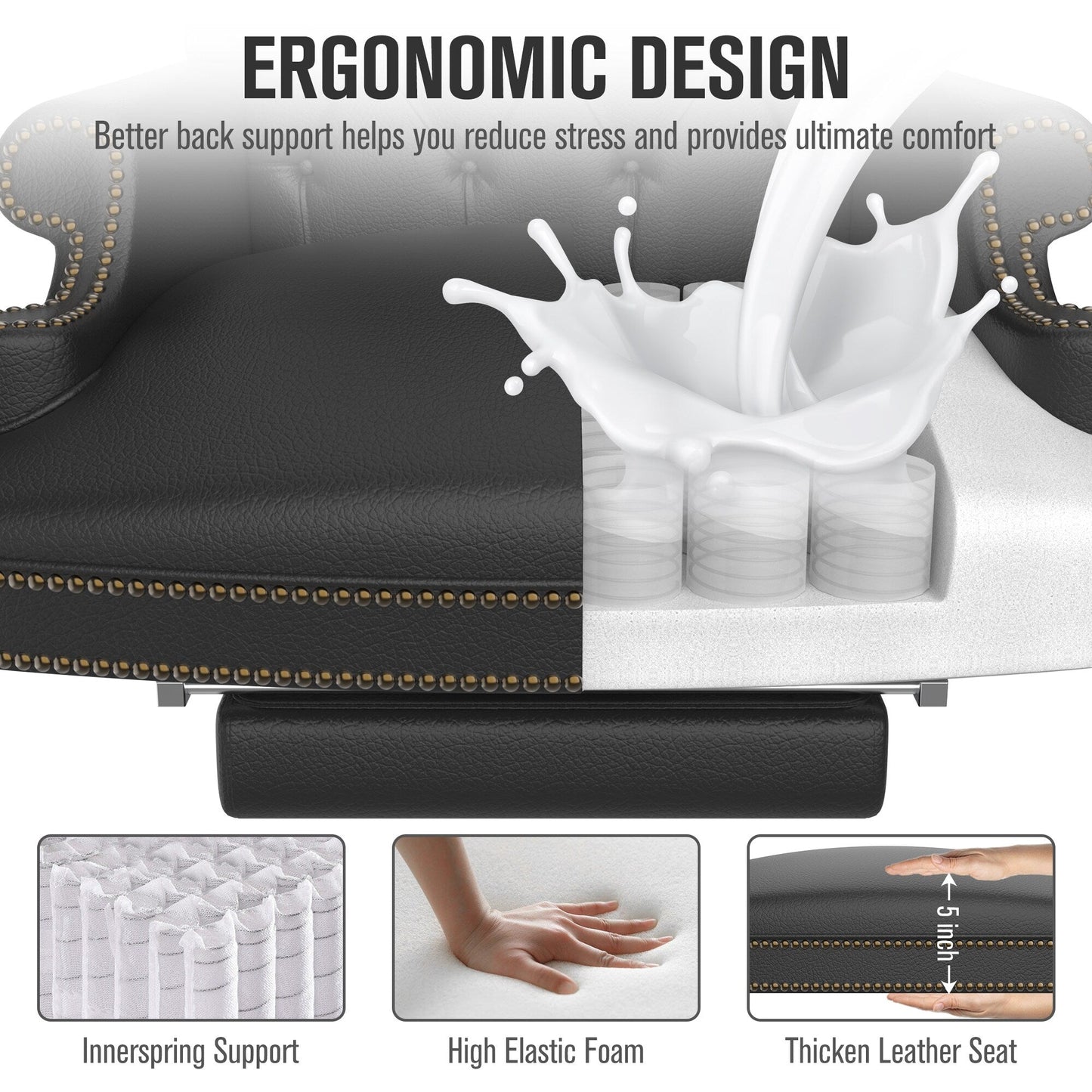 Ergonomic PU Leather Swivel Office Recliner with Footrest, Button-tufted Backrest, Nailhead Decoration