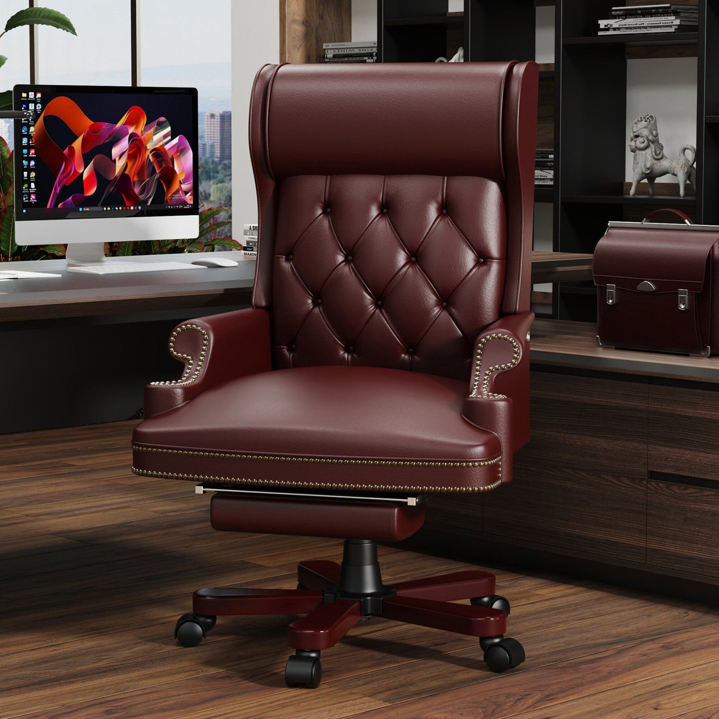 Ergonomic PU Leather Swivel Office Recliner with Footrest, Button-tufted Backrest, Nailhead Decoration
