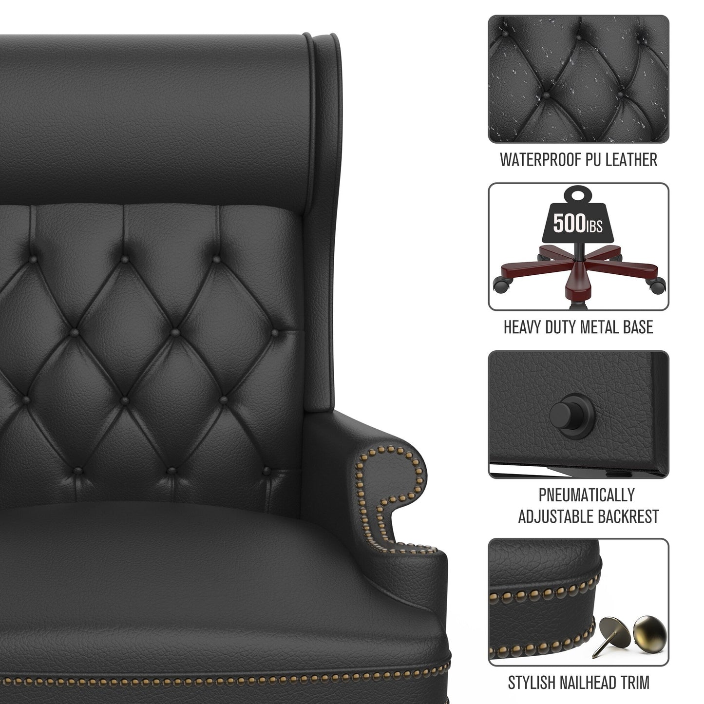 Ergonomic PU Leather Swivel Office Recliner with Footrest, Button-tufted Backrest, Nailhead Decoration