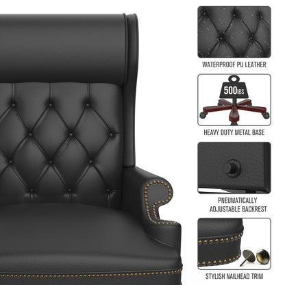 Ergonomic PU Leather Swivel Office Recliner with Footrest, Button-tufted Backrest, Nailhead Decoration