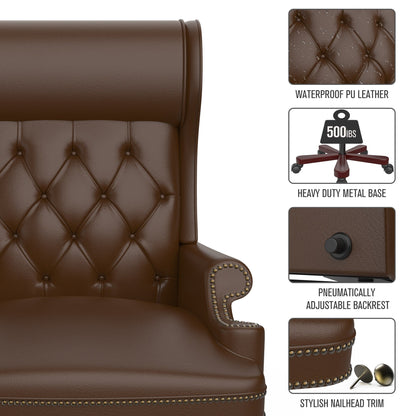 Ergonomic PU Leather Swivel Office Recliner with Footrest, Button-tufted Backrest, Nailhead Decoration