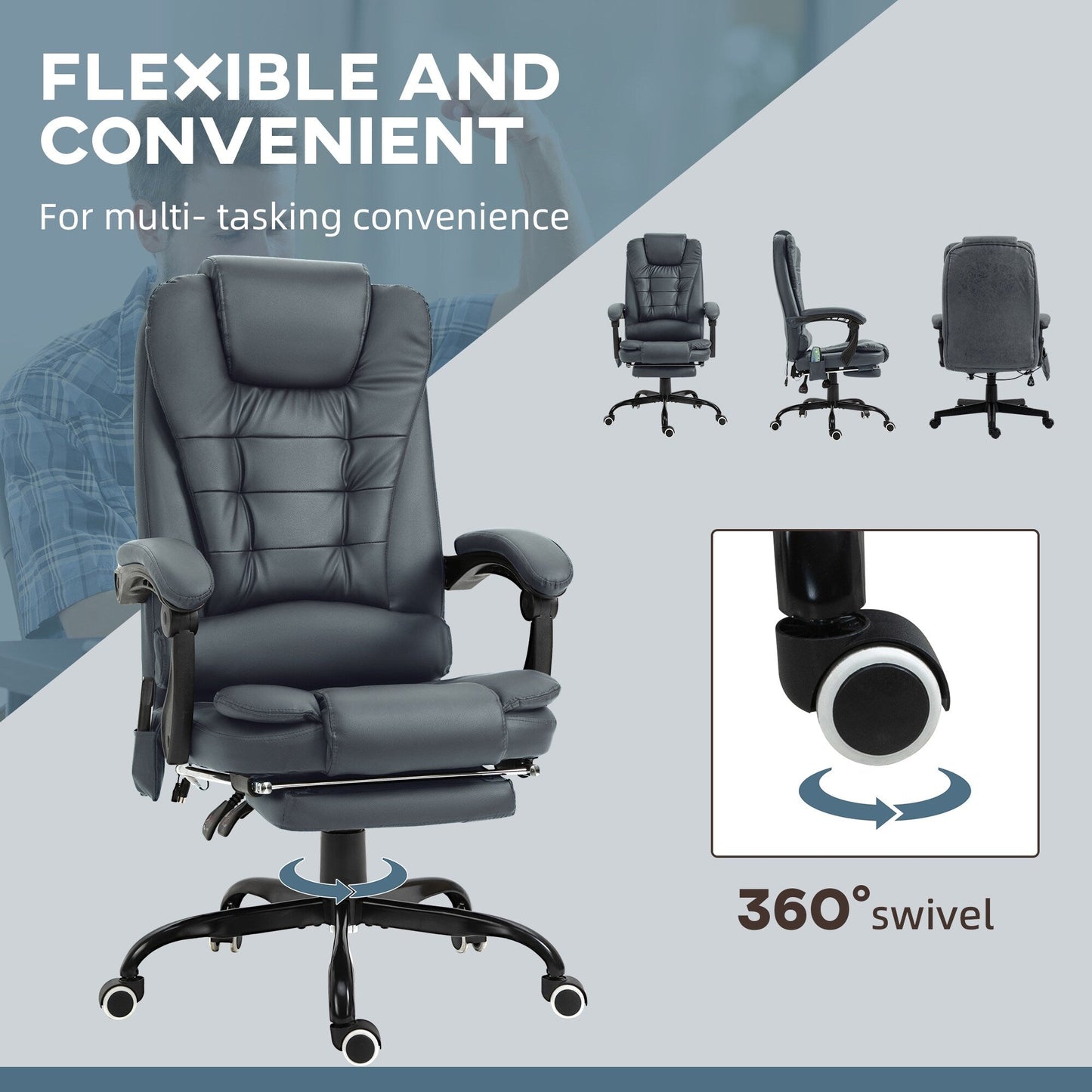 Ergonomic Rolling Vibration Massage Office Chair with Reclining Backrest, Adjustable Height and Retractable Footrest