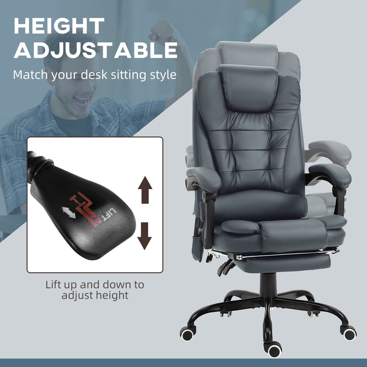 Ergonomic Rolling Vibration Massage Office Chair with Reclining Backrest, Adjustable Height and Retractable Footrest