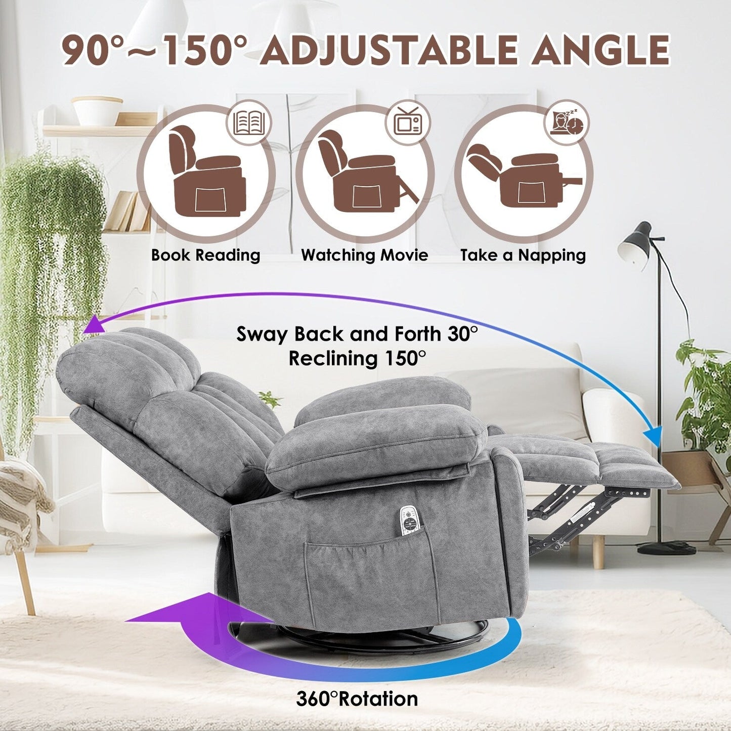 Ergonomic Velvet Swivel Massage Chair with Heat, 8 Massage Points, Rocking Base, USB Charging, Cup Holders and Side Pockets