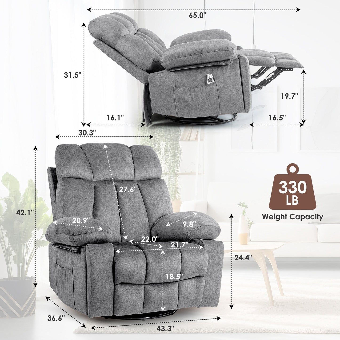 Ergonomic Velvet Swivel Massage Chair with Heat, 8 Massage Points, Rocking Base, USB Charging, Cup Holders and Side Pockets