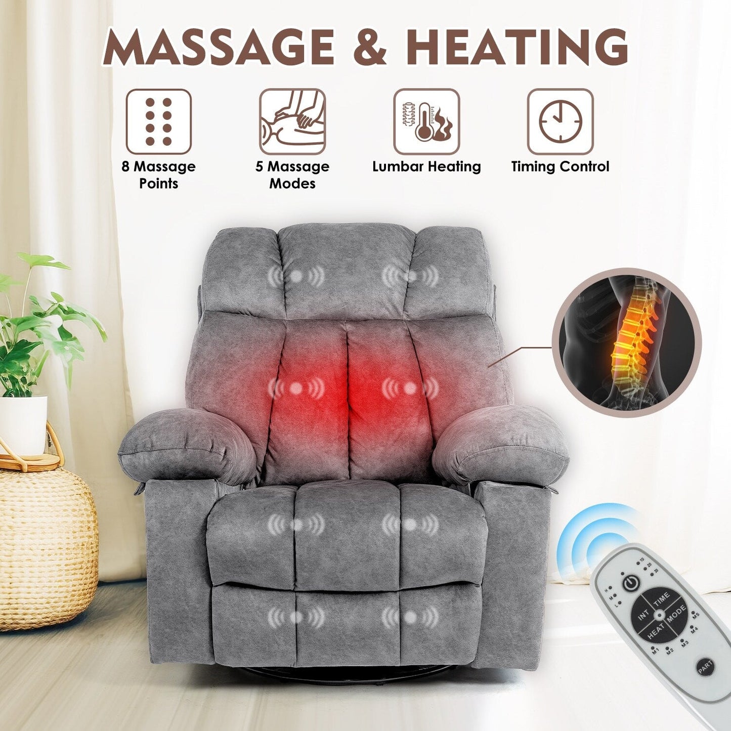 Ergonomic Velvet Swivel Massage Chair with Heat, 8 Massage Points, Rocking Base, USB Charging, Cup Holders and Side Pockets