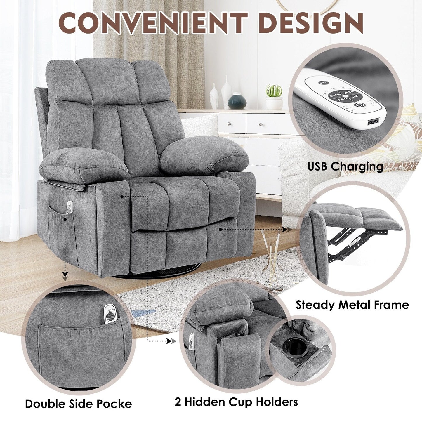 Ergonomic Velvet Swivel Massage Chair with Heat, 8 Massage Points, Rocking Base, USB Charging, Cup Holders and Side Pockets