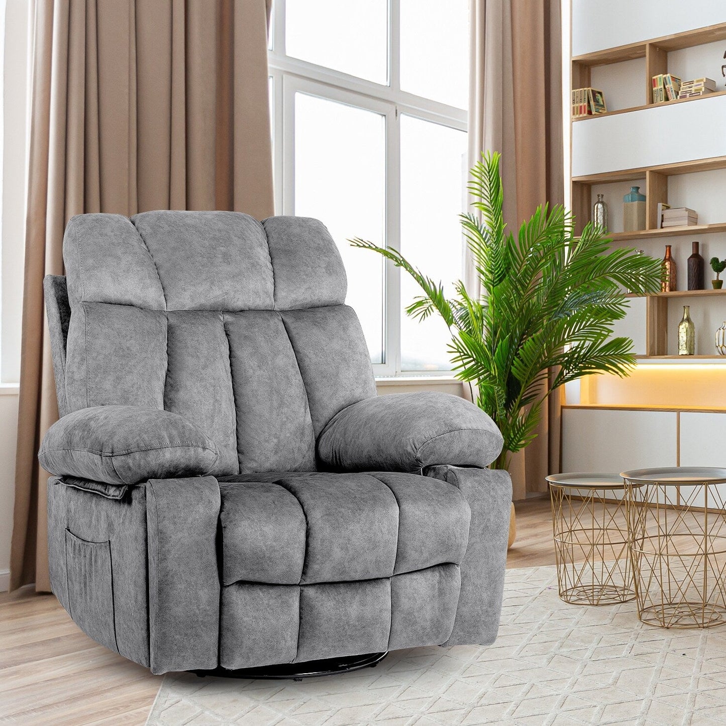 Ergonomic Velvet Swivel Massage Chair with Heat, 8 Massage Points, Rocking Base, USB Charging, Cup Holders and Side Pockets