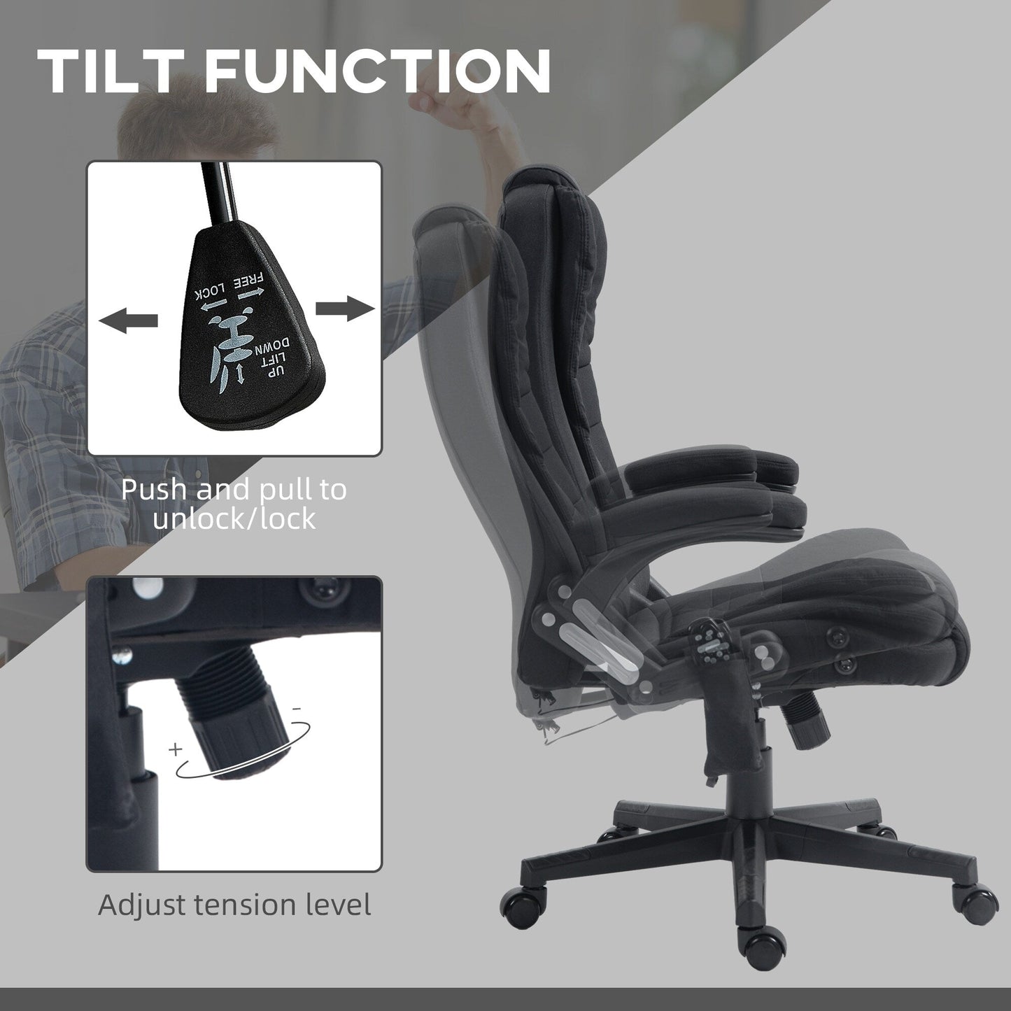 Ergonomic Vibration Massage Office Chair Adjustable Backrest Recliner Chair with 6 Massage Points and Lumbar Heating