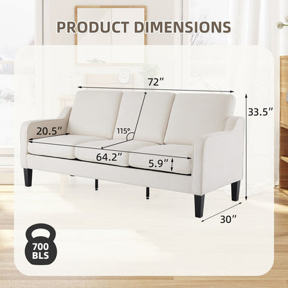 Erommy 3 Seat Sofa, 72 Sofa Couch for Living Room, Modern Fabric Couch with 4 Wood Legs, 2 Metal Support Rods for Bedroom