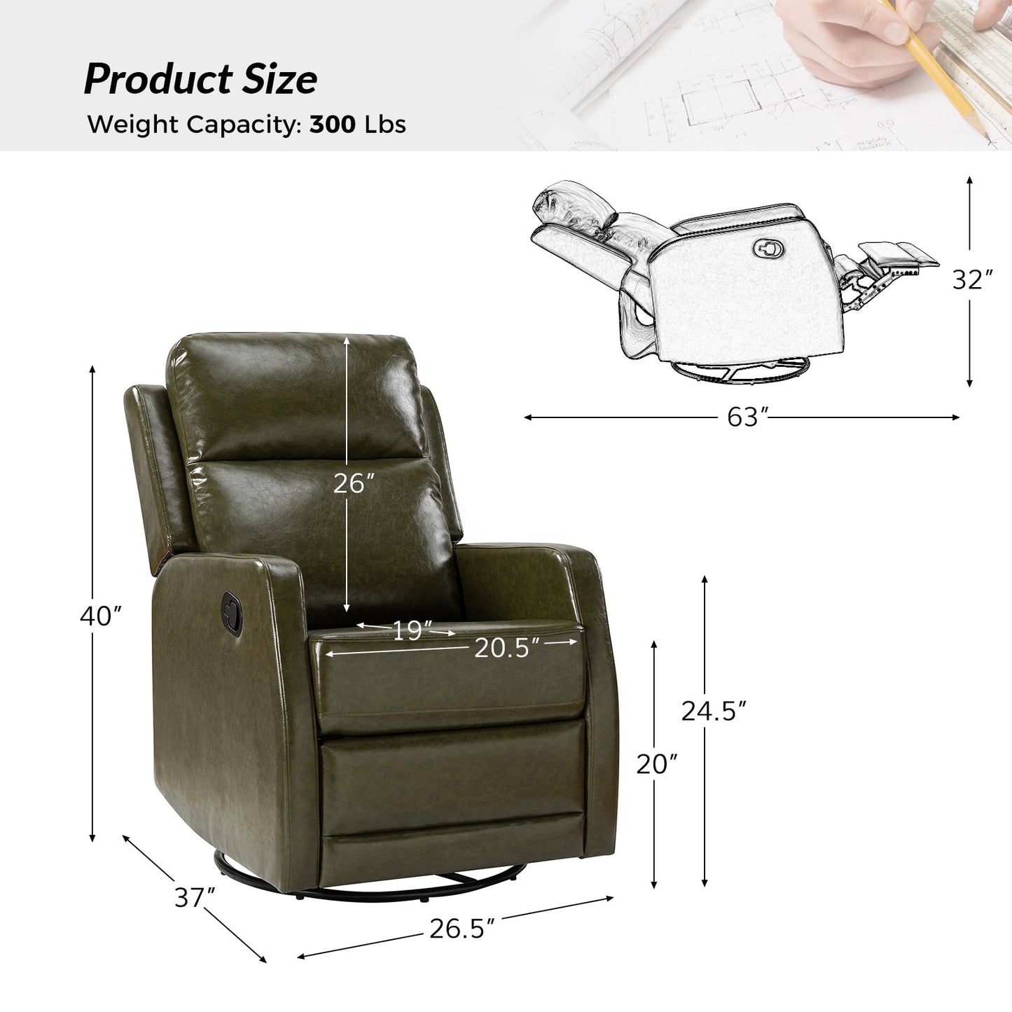 Esteban Modern Faux Leather Manual Rocking Swivel Recliner with Wingback Set of 2