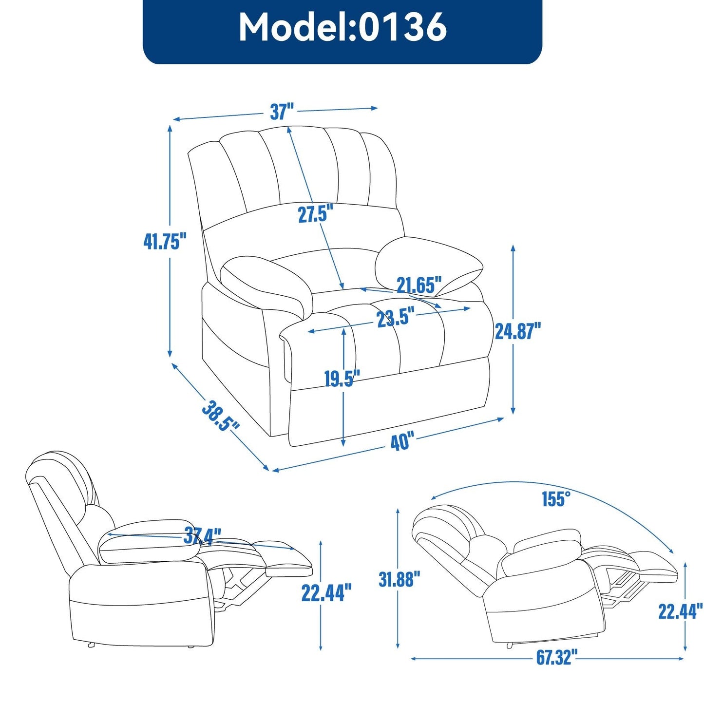 Fabric Large Manual Recliner Chair with Adjustable Backrest and Footstool